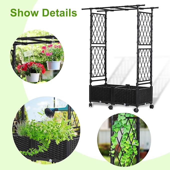 Lalahoni Planter with Trellis, 4.5ft Trellis Planter Self-watering Box with Wheels for Outdoor Plants Tomato Flower Vegetable Herb Vine Garden Patio, Plastic Raised Bed Trellis with Drainage Hole, 1PC