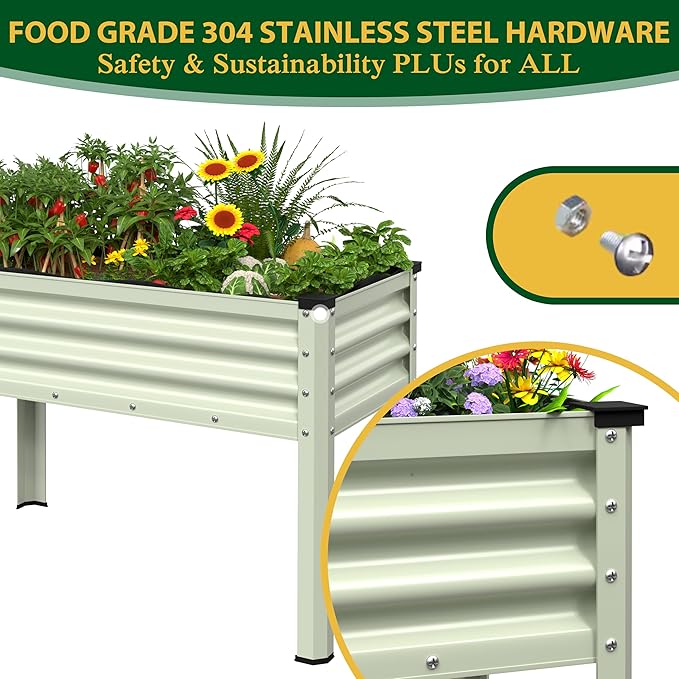 MUPATER 48" L x 24" W x 32" H Galvanized Steel Raised Garden Bed, 507lbs Capacity Large Metal Elevated Raised Planter Box with Legs & Detachable Black Liner for Patio, Balcony, Beige