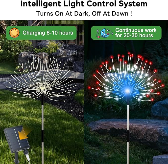 Solar Garden Lights Outdoor, 4 Pack Total 480 LED Solar Firework Lights Decorative 4th of July Decoration, Outdoor Waterproof Lights for Outside Yard Garden Pathway Decor
