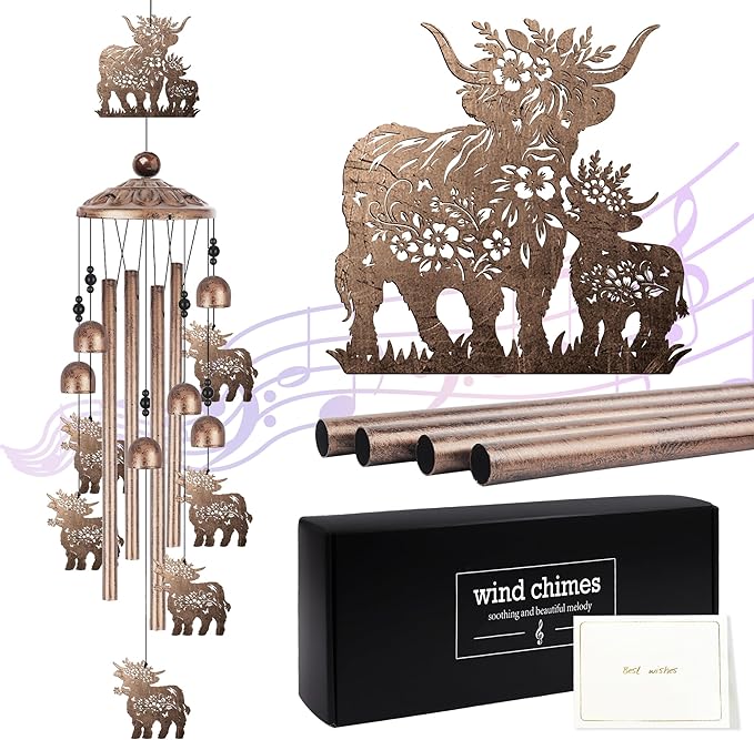 Highland Cow Wind Chime for Outside: Highland Cow Gifts for Women Men, Metal Wind Chime Yard Art, Soothing Home Garden Patio Outdoor Indoor Decor