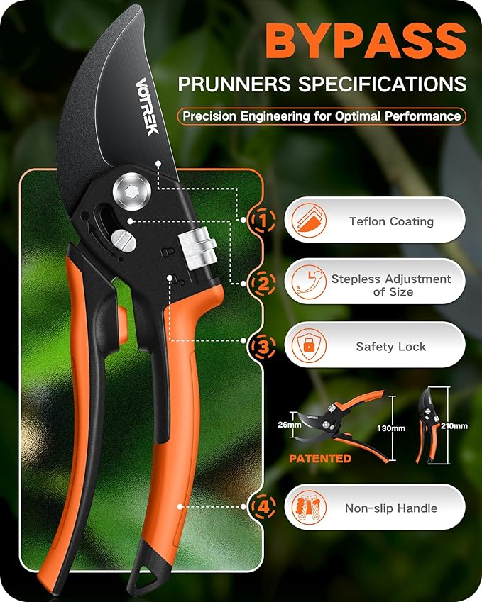 VOTREK 8.5" Pruning Shears for Gardening, 【Unique Stepless Handle Opening】Professional Bypass Garden Clipper, Heavy Duty Plant Pruners for Branch 【SK5 Steel Blades】【Built-in Spring】【All Hand Sizes】