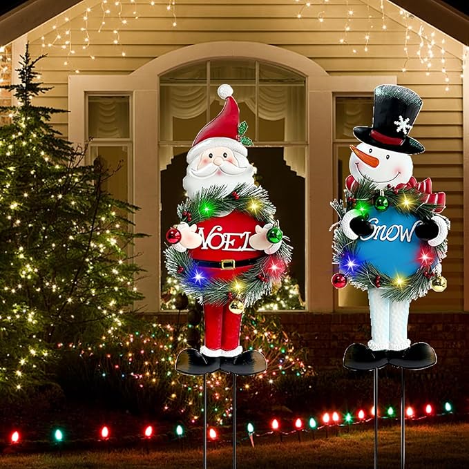 Solar Christmas Yard Decorations Outdoor - 2 Pack Metal Xmas Yard Signs 30” Snowman Santa Claus Lighted Garden Stakes with Colorful Lights for Garden Pathway Holiday Winter Lawn