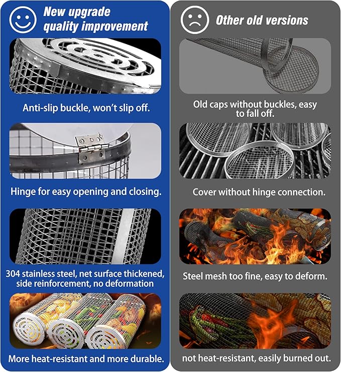 Rolling Grilling Baskets for Outdoor Grill Bbq Net Tube Stainless Steel Large Round Mesh Rotation Barbecue Cylinder Cage Cooking Accessories for Veggies Vegetable Fish Meat Food Camping, Gift for Men