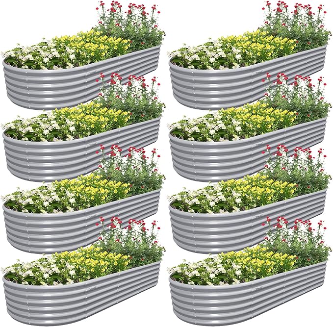 8 Pack 8x3x1.5FT Galvanized Raised Garden Bed Kit Oval Metal Ground Planter Box Outdoor Bottomless Planter Raised Beds for Vegetables Flowers Herbs Fruits, Gray