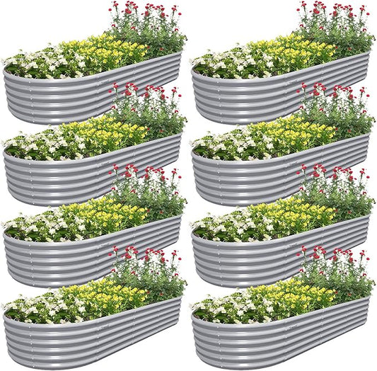 8 Pack 8x3x1.5FT Galvanized Raised Garden Bed Kit Oval Metal Ground Planter Box Outdoor Bottomless Planter Raised Beds for Vegetables Flowers Herbs Fruits, Gray
