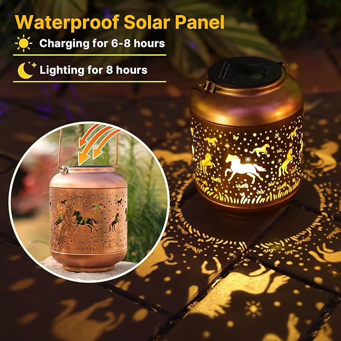 Horse Solar Lanterns Outdoor Waterproof,Horse Garden Decor Birthday Gifts for Women Men Mom Hanging Solar Lights Metal Decoration Outside for Yard，Porch, Patio, Pathway, Landscape, Backyard