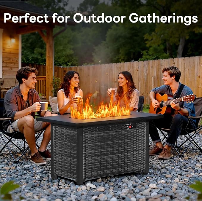 ZAFRO 42.91 Inch Outdoor Fire Pit Table 50,000 BTU, Rectangular Firepit Table with Glass Stones & Lid, 2 in 1 Fire Table for Patio, Backyard, Deck, or Garden, Black