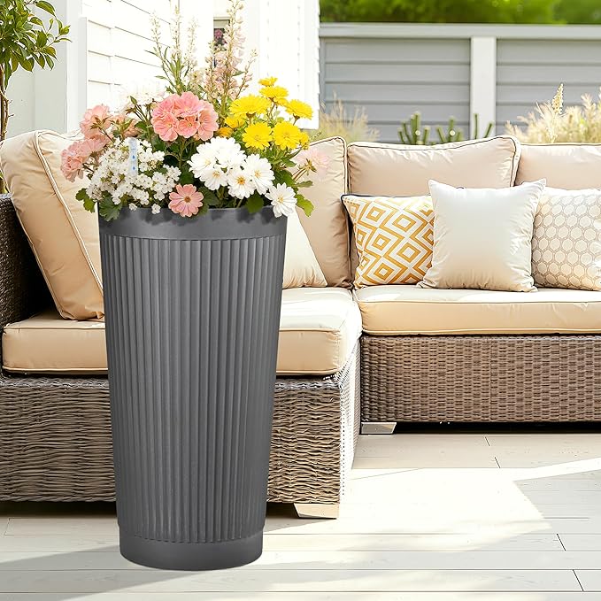 Set of 2 Tall Self-Watering Planters, 24" Large Planters with Water Level Indicator for Indoor & Outdoor Plants, Modern Planters for Garden, Patio, Balcony, Porch, Cement Gray