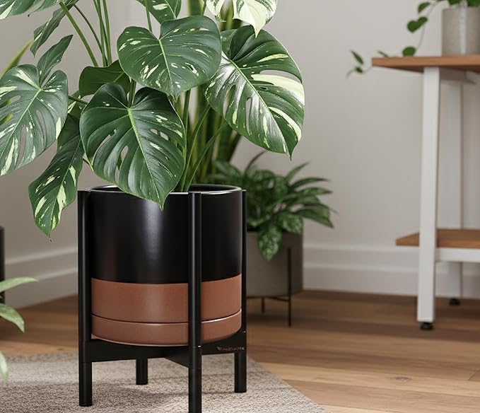 D'vine Dev Ceramic Planter with Ebony Stand - 14 Inch Modern Round Flower Pot with Wood Planter Holder, Black/Speckled Tan, 55-B-S-7