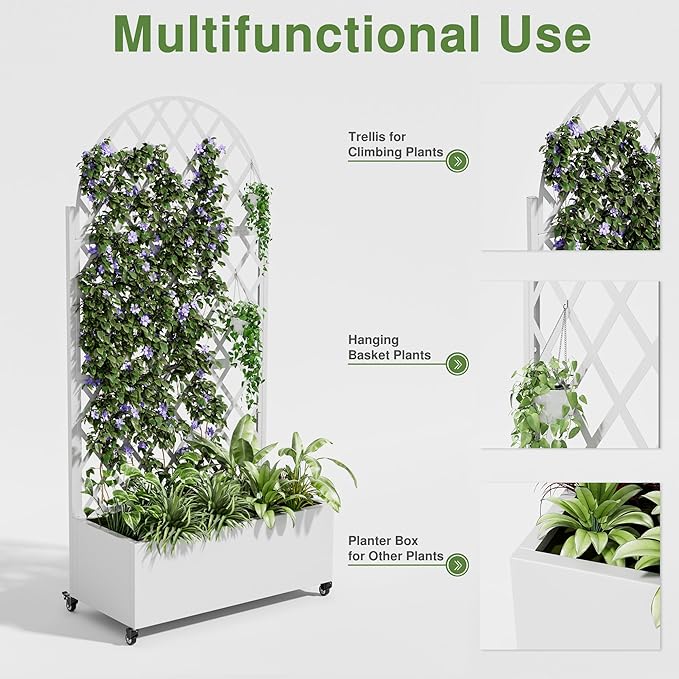 Casaphoria Metal Raised Garden Bed with Trellis and Wheels, 72"x35"x16" Arched Planter Box for Climbing Plants, Vegetables & Vines, Features Drainage Holes and Privacy Screen (White-Laurence)