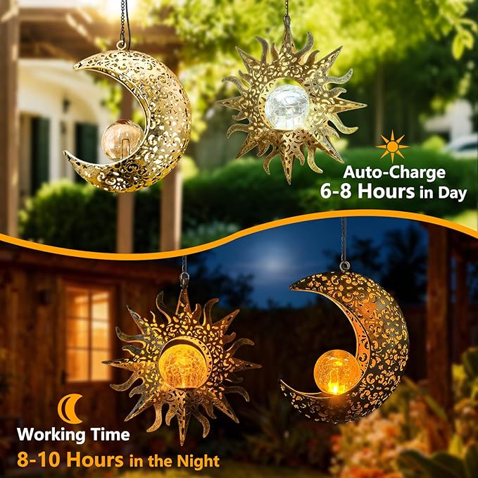 Solar Hanging Sun and Moon Lights Garden Outside Decor,2 Pack Metal Lanterns Outdoor Sunflower Art Decorations for Porch Backyard Patio Wall Tree,Unique Gardening Gifts for Women Mom Grandma