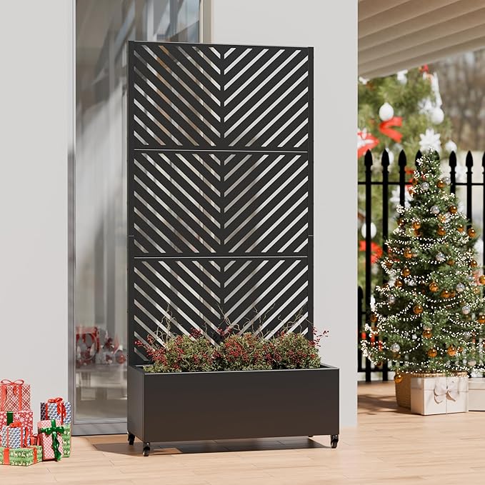 Casaphoria Metal Raised Garden Bed with Trellis and Wheels, 72"x35"x16" Planter Box for Climbing Plants, Vegetables & Vines, Features Drainage Holes and Privacy Screen (Black-Parallel)