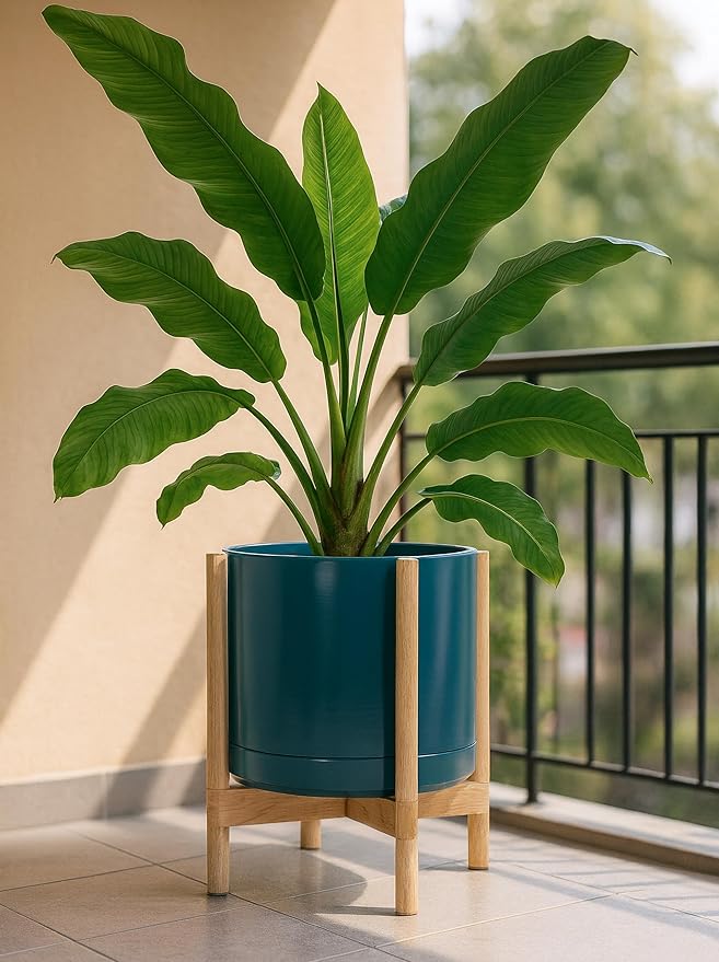 D'vine Dev Ceramic Planter with Natural Stand - 14 Inch Modern Round Flower Pot with Wood Planter Holder, Teal, 55-B-R-4