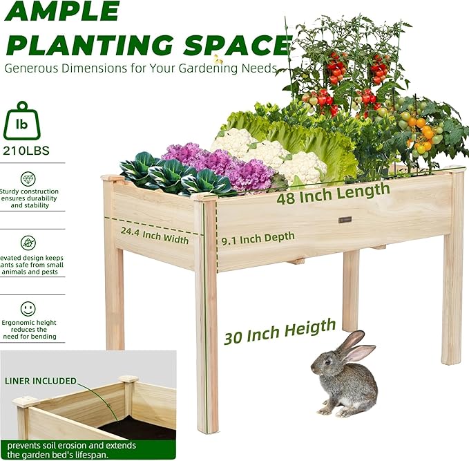 48x24x30in Raised Garden Bed,Wooden Raised Garden Beds Outdoor,Elevated Reinforced Planter Box with Legs for Backyard/Patio/Gardener with Bed Liner,210lb Capacity - Natural
