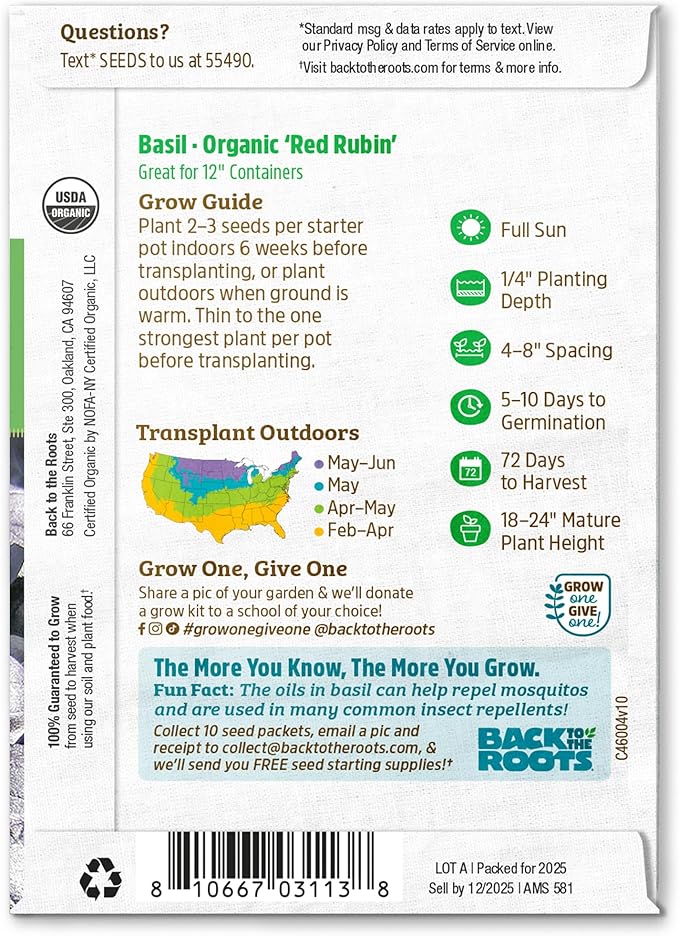 Back to The Roots 100% Organic Heirloom Seeds - Purple Red Basil Value Pack (600mg Total)