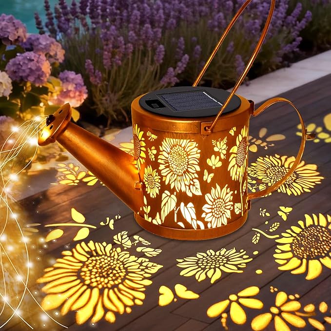 Solar Watering Can Lights, Sunflower Decorative Hanging Lantern Solar Lights Outdoor Waterproof, Gifts for Mom Women Grandma Birthday, Retro Metal Garden Decor for Outside Yard Patio Pathway Lawn