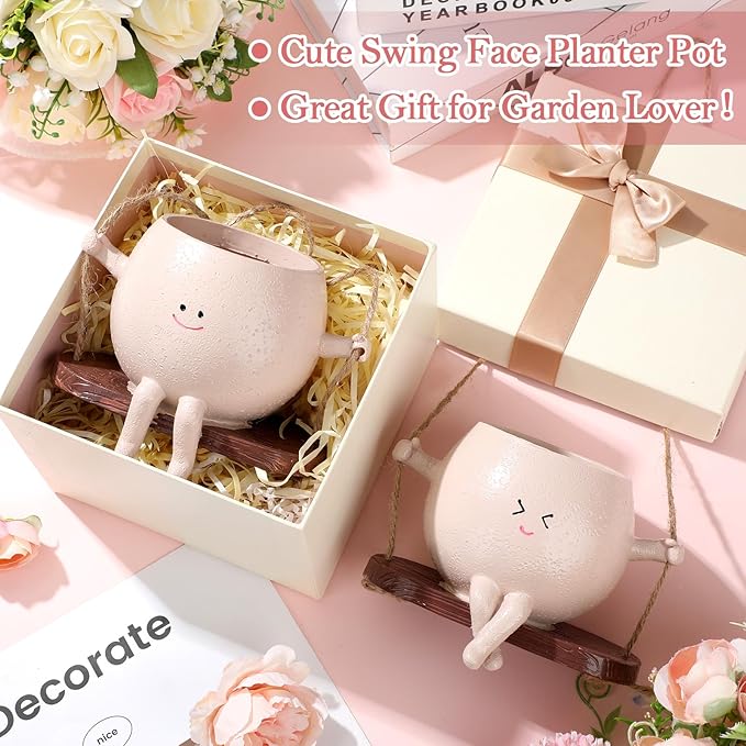Suclain 2 Pcs Swinging Planter Pots Funny Planters Hanging Cute Planters for Women Gift Indoor Outdoor Resin Smile Faces with Drainage Holes Succulent Pot String of Pearls Plant Flower