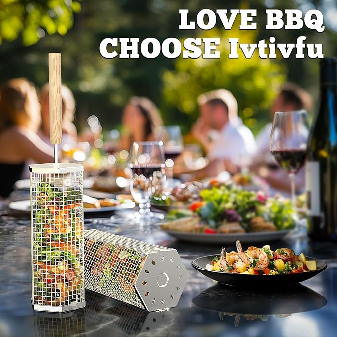 ivtivfu Rolling Grill Basket, Removable Wooden Handle, 304 Stainless Steel, Nesting Grilling Tools, Smoker BBQ Accessories for Vegetable, Outdoor Cooking Camping, Birthday Gifts for Men Dad Husband