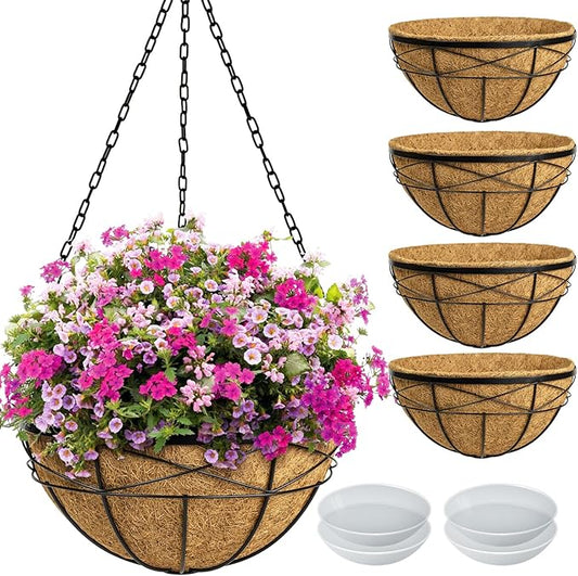 Hanging Planters for Outdoor Plants: 4 Pack 16 Inch Hanging Baskets Flower Pots with Coco Liners & Plastic Saucer Extra Large Deep Hanging Plant Holder for Porch Balcony Garden Décor