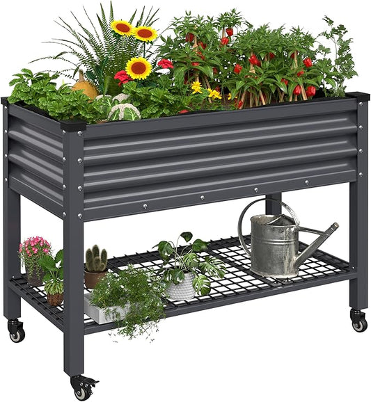MUPATER Galvanized Steel Raised Garden Bed with Legs, 48" L x 24" W x 34" H Large Metal Elevated Raised Planter Box with Rolling Casters & Extra Bottom Shelf for Backyard, Garden, Patio, Balcony, Gray