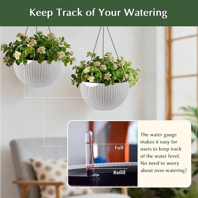 13.5 inch 2Pack Large Hanging Planters for Outdoor/Indoor Plants, Self Watering Hanging Pot with Water Level Indicato, Drainage Holes and Chain for Garden Porch, White