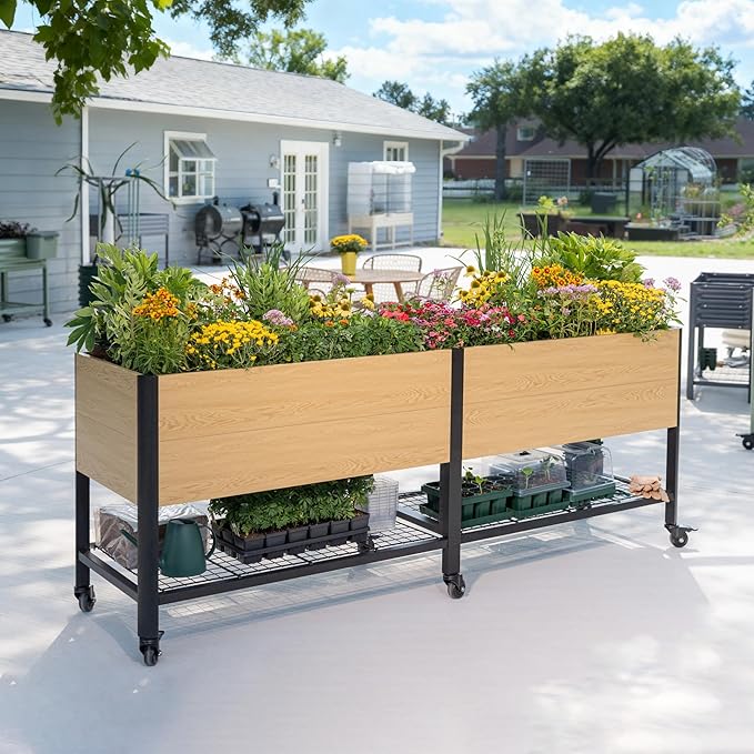 Rolling Elevated Garden Bed, 2' x 8' Metal Woodgrain Elevated Outdoor Planters Boxes with Legs & Storage Rack for Patio, 1800 lbs Weight Capacity, Raised Beds for Gardening Herb Flowers Vegetables