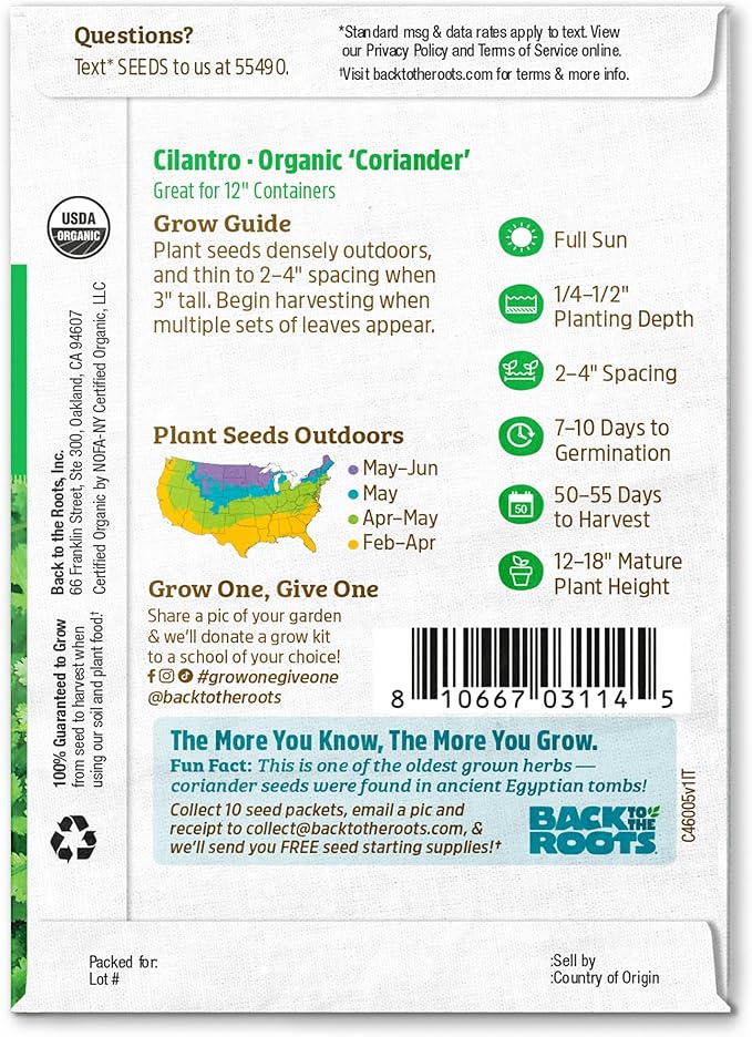 Back to The Roots 100% Organic Seed Packets Cilantro 'Slow Bolting' (Pack of 2)