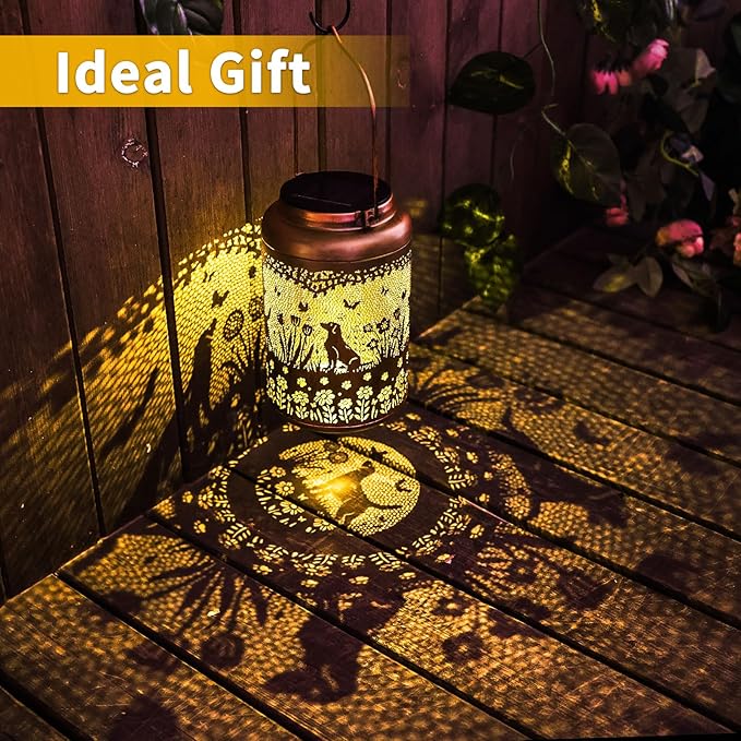 2Pack Dog Solar Lanterns Outdoor Waterproof Garden Decor Solar Lights Birthday Gifts for Women Mom Grandma Hanging Lantern LED Light Metal Dog Decoration Outside for Yard,Lawn,Porch,Patio,Tabletop