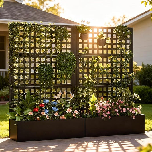 Metal Raised Garden Bed with Trellis Set of 2, Vegetable and Flower Garden Boxes, Black Planter Box with Trellis for Climbing Plants Vegetable Outdoor Indoor, Large 2Pcs Set