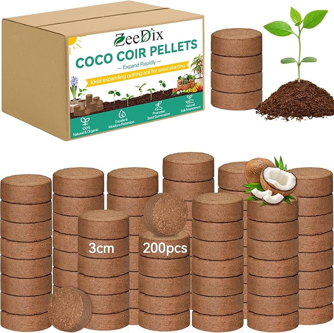 ZeeDix 200pcs(30mm) Coco Coir Pellets Potting Soil Indoor Plants, Compressed Coconut Coir Soil Pellets Seed Starting Pellets Discs for Planting Flowers Bonsai Herbs Plants and Vegetables