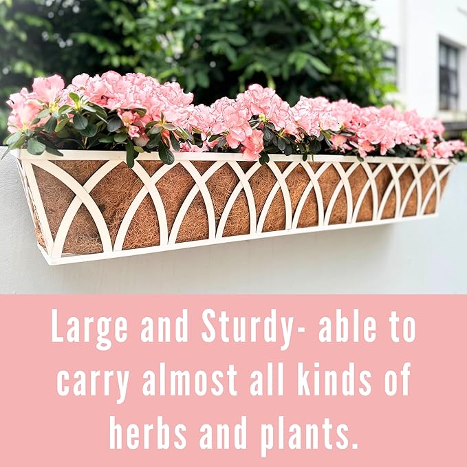 LaLaGreen Wall Planter Outdoor (36 Inch, 2 Pack) White Metal Rectangular Hanging Flower Boxes with Coco Liner Window Basket Plant Holder Deck Rail Railing Patio Horse Trough Balcony Fence Porch Garden