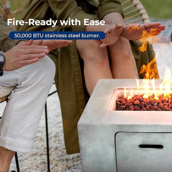 SereneLife Fire Pit Table 50,000 BTU Propane Gas Fire Pit with Adjustable Flame, Stainless Steel Burner, Weather-Resistant Build, Easy Propane Tank Access, and Elegant Lava Rocks for Patio or Backyard