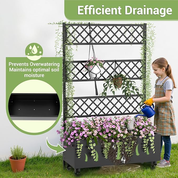Metal Planter Box with Trellis Privacy Screen, 67"x41"x16" Raised Garden Bed with Trellis, Privacy Planter Boxes, with Planting Bag & Lockable Casters for Climbing Plants,Vegetables,and Vines