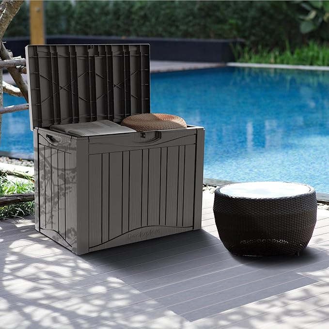 Mersco 45 Gallon Double-Wall Resin Deck Box - Lockable Waterproof Outdoor Storage Box, 515bs Capacity & Doubles as Seating for Patio Furniture - Garden Tools, Pool Accessories (Grey)