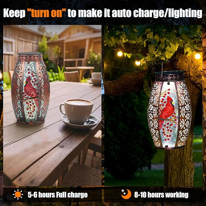 Solar Lanterns Outdoor Cardinal Garden Decor Light Decorative Waterproof Hanging Gardening Gifts for Women Mom Mothers Grandma Grandparents Birthday Gift