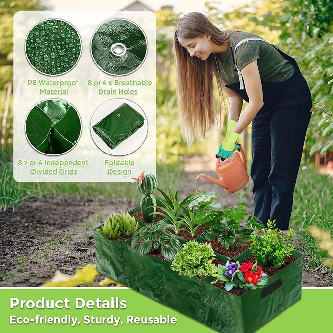 2Pcs Fabric Raised Garden Bed 8Girds Breathable Planting Containers and 4Girds Planters PE Planting Bed with Drainage Holes 128 Gallon Rectangle Garden Grow Bags for Outdoor Vegetables Fruits Flower