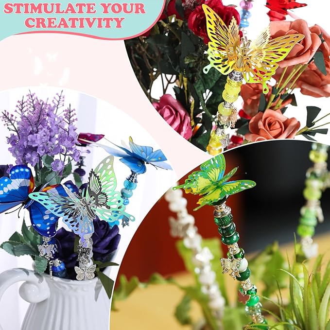 380Pcs Beaded Garden Stake, DIY Fairy Wand Beaded Decorative Butterfly Garden Stake Kit with 12IN Threaded Rod Crystal Stopper Top Large Holes Beads Butterfly Decoration Pendants Outdoor