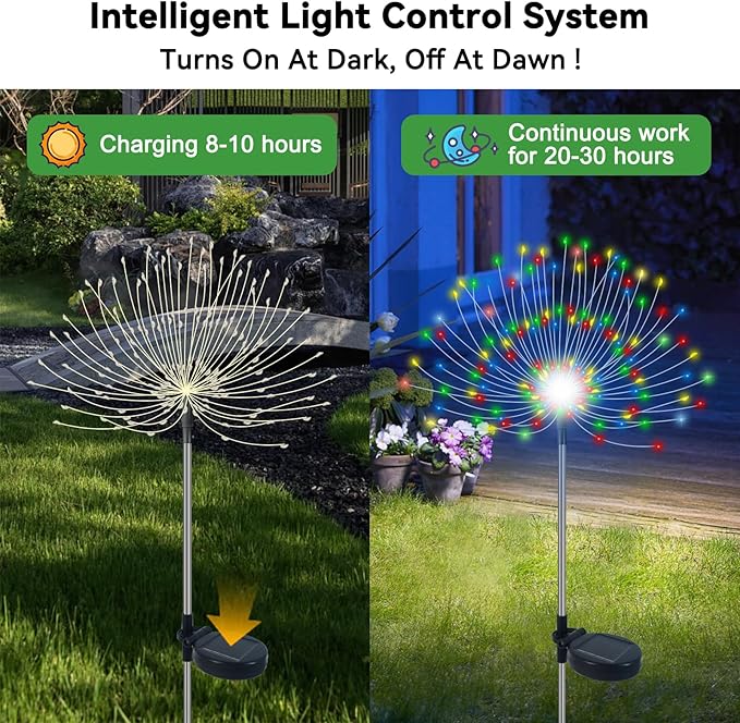 Solar Garden Lights Outdoor Waterproof, 2 Pack 120 LED Solar Firework Lights Decorative Garden Décor Outside for Flowerbed Pathway Party Christmas Decoration, Multicolor