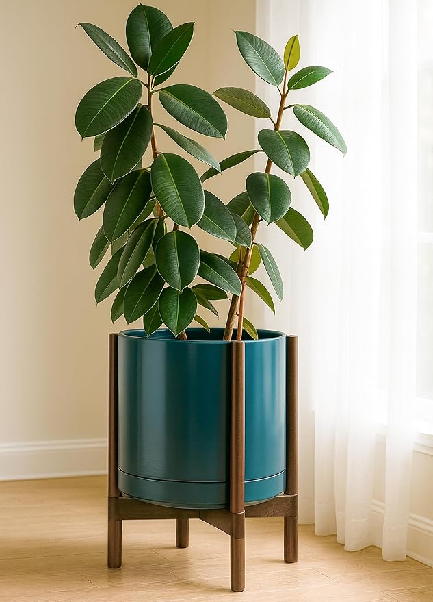 D'vine Dev Ceramic Planter with Walnut Color Stand - 14 Inch Modern Round Flower Pot with Wood Planter Holder, Teal, 55-B-T-4