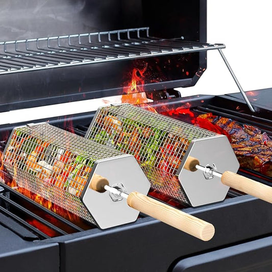 ivtivfu Rolling Grill Basket, Removable Wooden Handle, 304 Stainless Steel, Nesting Grilling Tools, Smoker BBQ Accessories for Vegetable, Outdoor Cooking Camping, Birthday Gifts for Men Dad Husband