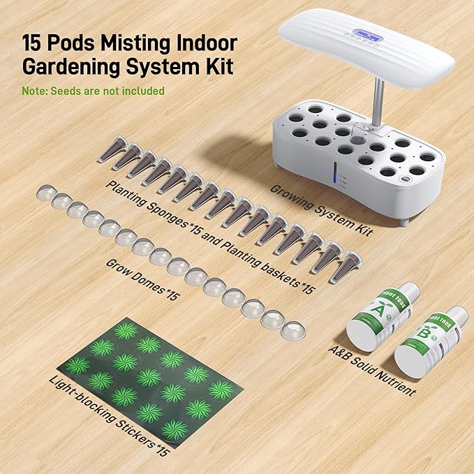 Hydroponics Growing System Kit 15 Pods Misting Herb Garden Indoor Garden Indoor Gardening System 5L Water Capacity 48W Grow Light Gardening Gifts for Women (White)