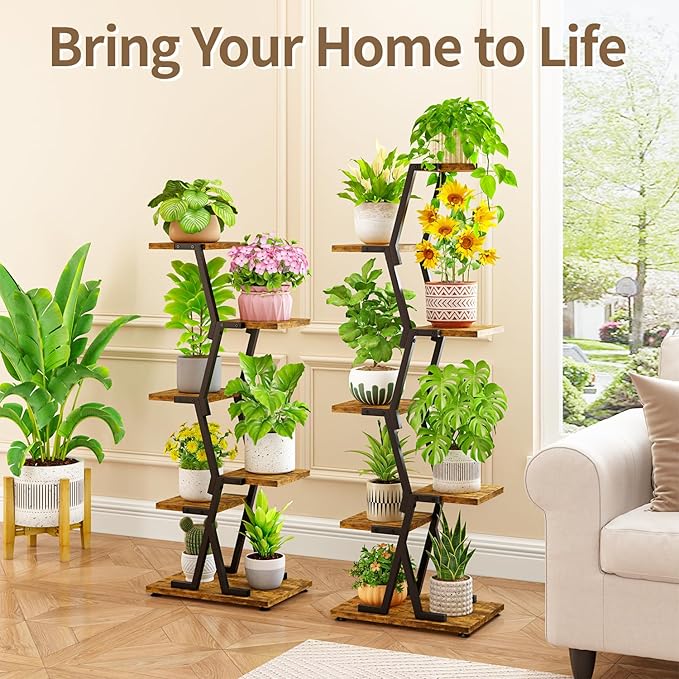 LASZOLA 5 Tier Tall Wood and Metal Plant Stand Indoor for Heavy Duty Planter, Large Multi Level Vertical Flower Shelf for Narrow Corner, Sturdy Rustic Rack Holder for House Patio, Space Saving, Black