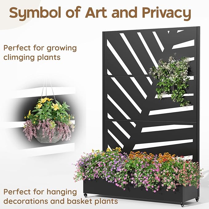 Metal Planter with Trellis& Wheels 72" x 47"x 15.7" Raised Garden Bed with Trellis,Privacy Planters for Patio,Garden Bed for Climbing Plants,Suitable for Climbing Plants and Vegetables,Black