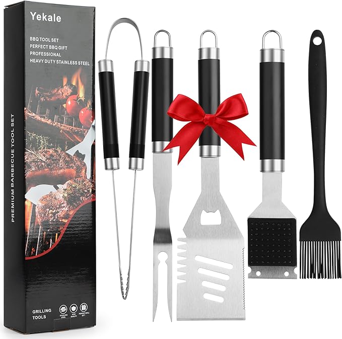 Yekale BBQ Grill Accessories Set, Grill Tools Grilling Accessories Grilling Gifts for Men - Spatula, Fork, Brush, Tongs & Cleaning Brush - Outdoor Barbecue Utensils Gifts for Men Dad Him (Black)