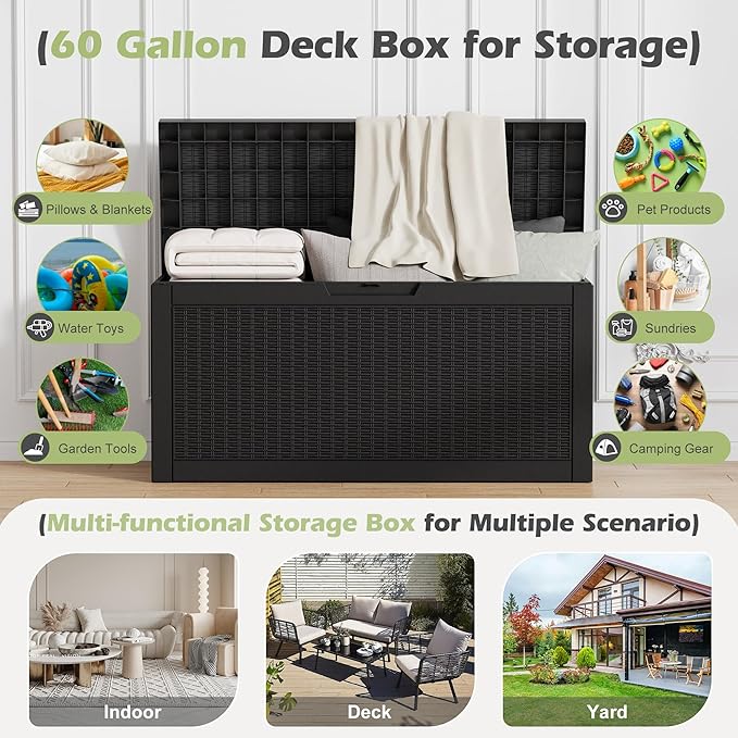 NBYSGO Outdoor Storage Box, Resin Deck Boxes Indoor and outdoor, Waterproof Storage Box Lockable Lid (Black, 60 Gallon)