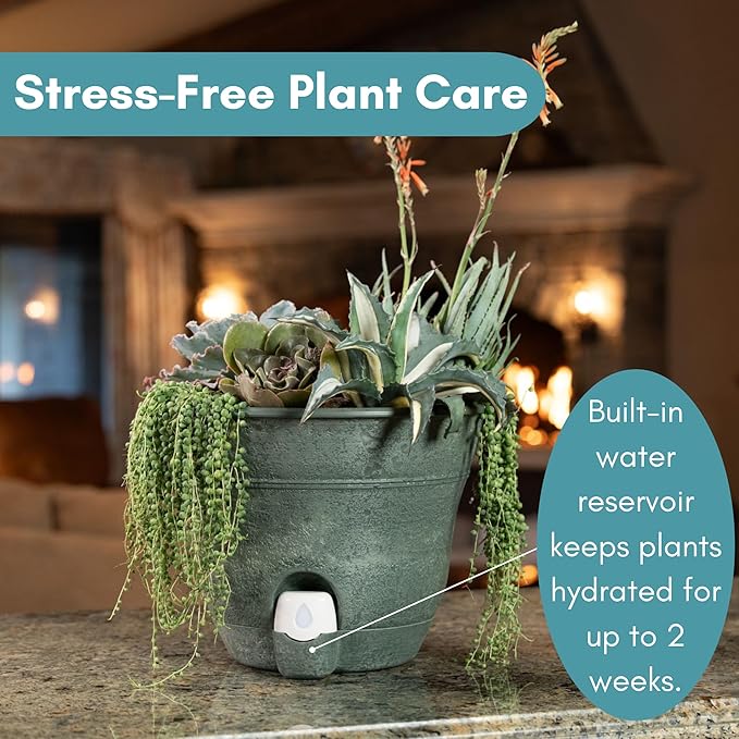 Bernini FirmaStone 15" Self-Watering Planters, Set of 2 – Durable Indoor/Outdoor Pots with Drainage Plug & Built-in Reservoir – Lightweight Garden Planters for Patio, Porch, Balcony (Green)