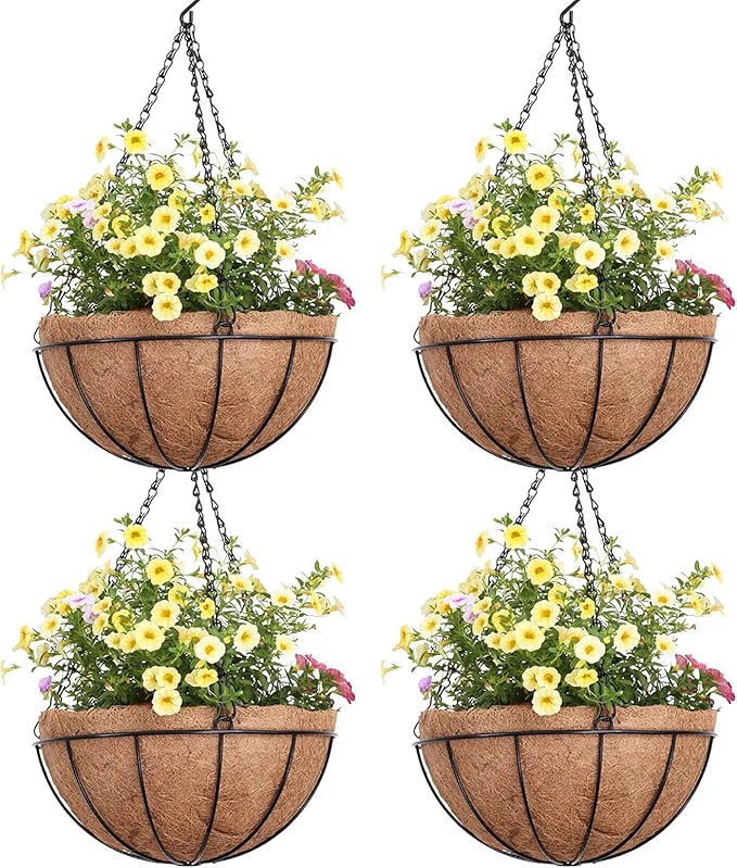 Outdoor Metal Hanging Planters Basket (4pack, 12 inch) Hanging Baskets for Plants Chain Round Wire Plant Holder with Coco Fiber Liners for Garden, Patio, Deck, Porch
