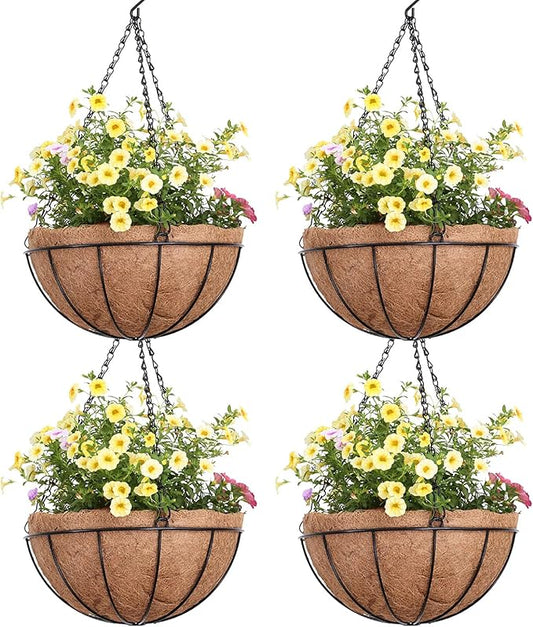 Outdoor Metal Hanging Planters Basket (4pack, 12 inch) Hanging Baskets for Plants Chain Round Wire Plant Holder with Coco Fiber Liners for Garden, Patio, Deck, Porch