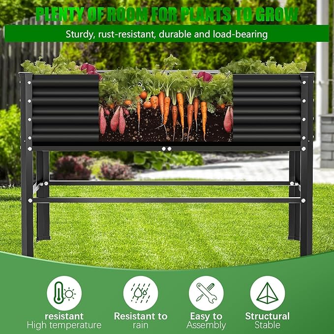 Doniks Raised Garden Bed with Legs, 48×24×32in Large Metal Elevated Raised Planter Box,600lb Capacity with Drainage Holes for Vegetables Lawn Green Flowers, Fruits, Terrace