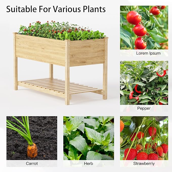 Kullavik Raised Garden Bed with Legs,Outdoor Elevated Cedar Wood Planter Box with Storage Shelf,220lb Capacity-Natural